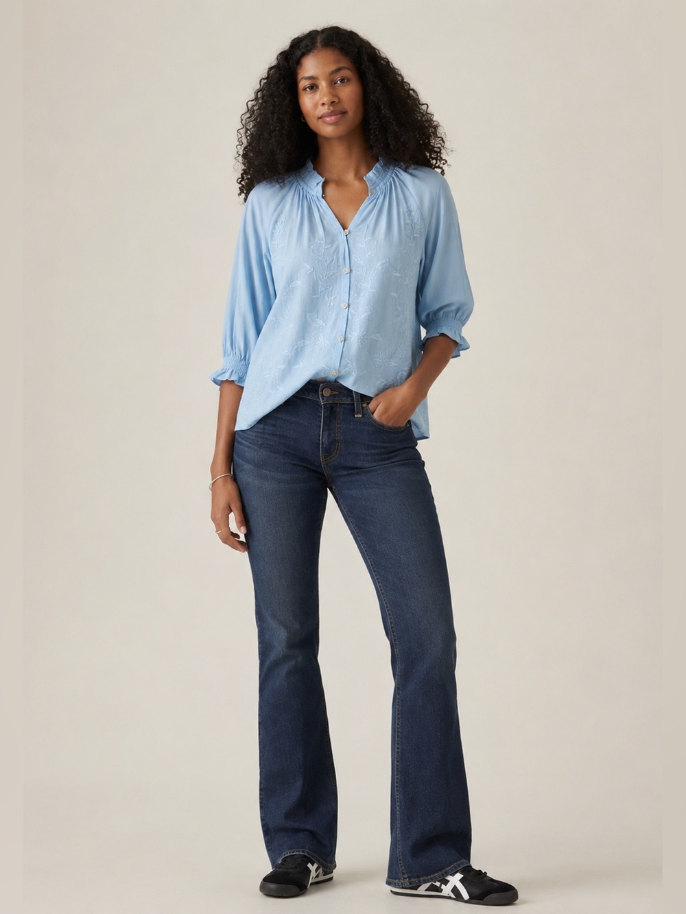 Democracy Light Blue Embroidered Button-Front Blouse